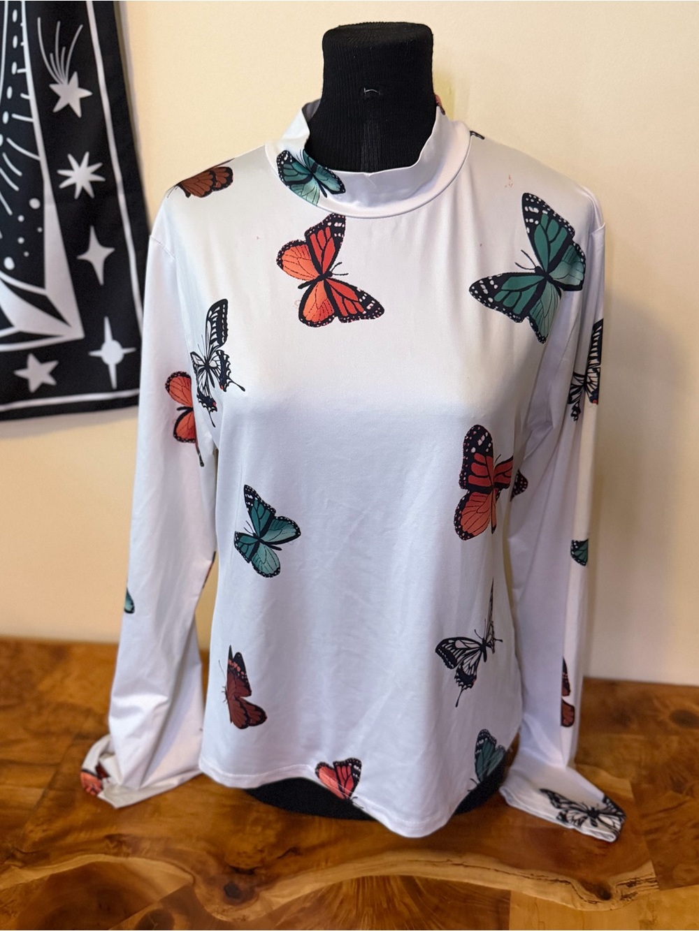 White XL Butterfly Print Shirt Long Sleeved Mock Neck Coquette Twee